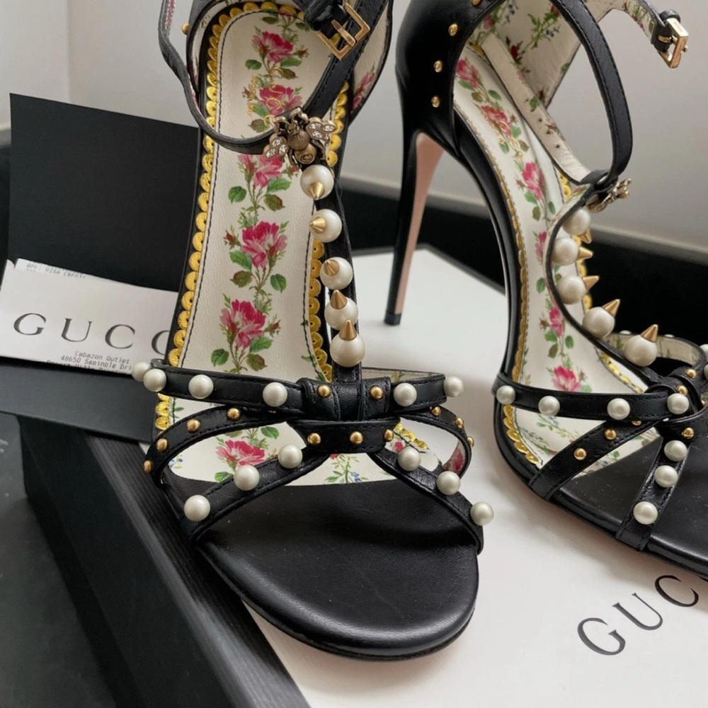 Gucci Black Heels with Pearl and Stud Accents
